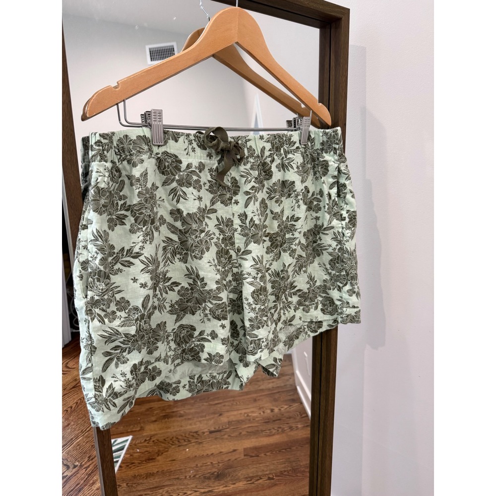 Lands' End Womens 1X Linen Blend Floral Shorts Mint Green Pull On Drawstring 16W